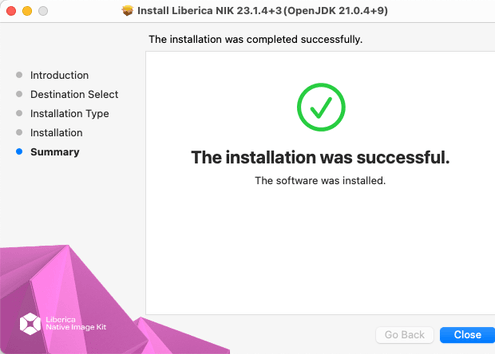 Installation Success screen