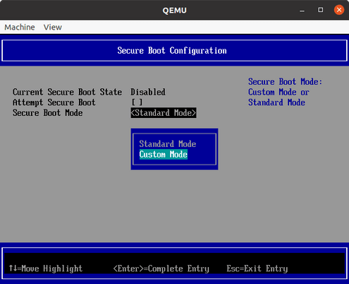 Selected Custom Mode option of the BIOS Secure Boot Configuration screen