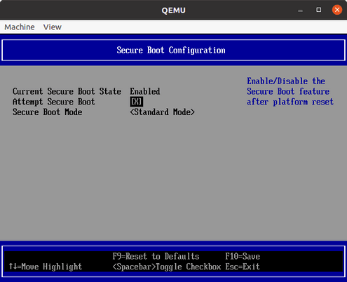 Selected Attempt Secure Boot on the Secure Boot Configuration BIOS screen